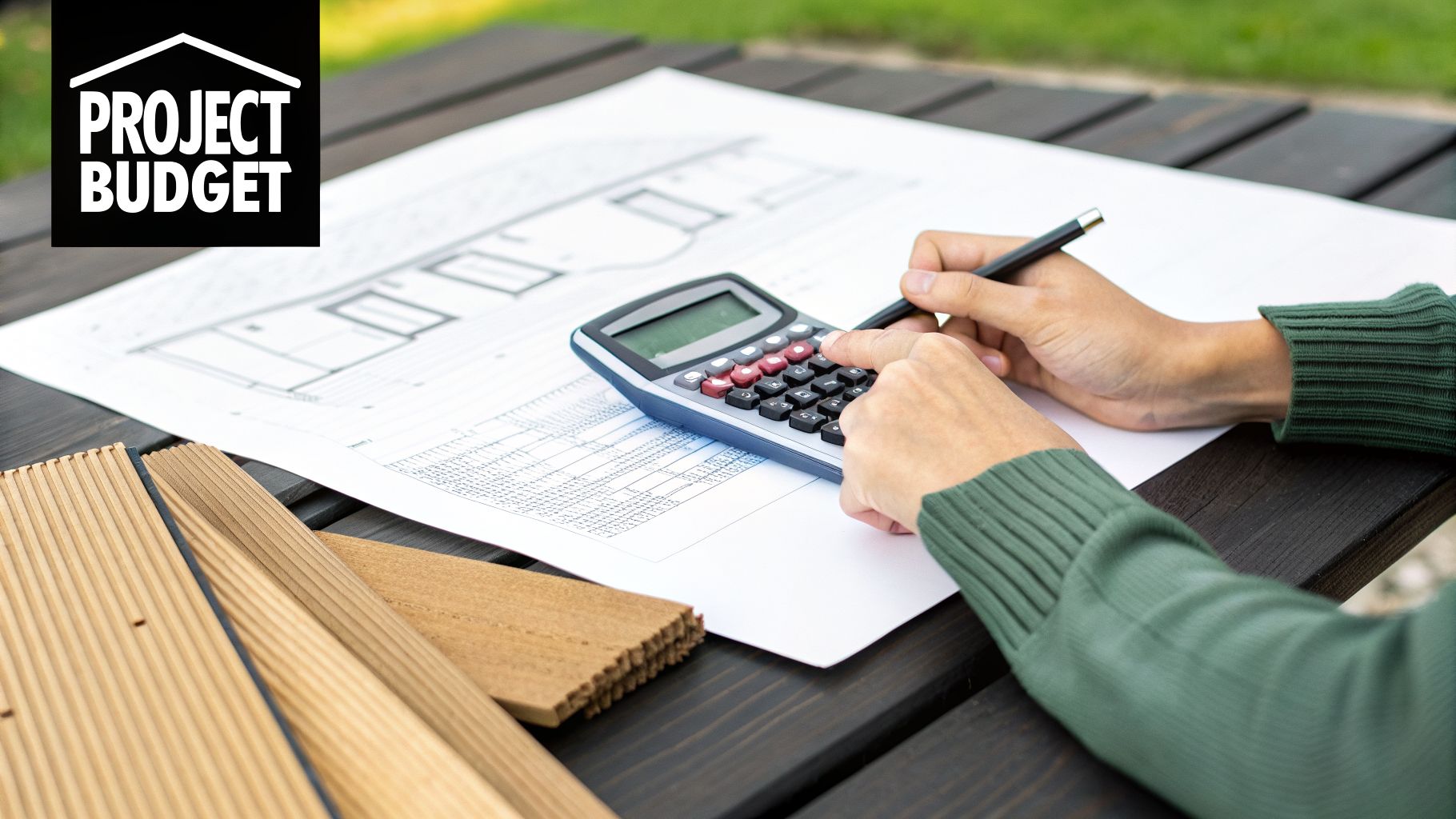 Hands using a calculator on blueprints, planning a construction project budget with wooden samples.