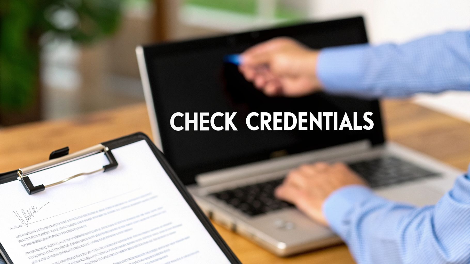 Professional checking credentials on a laptop with a document on a clipboard.