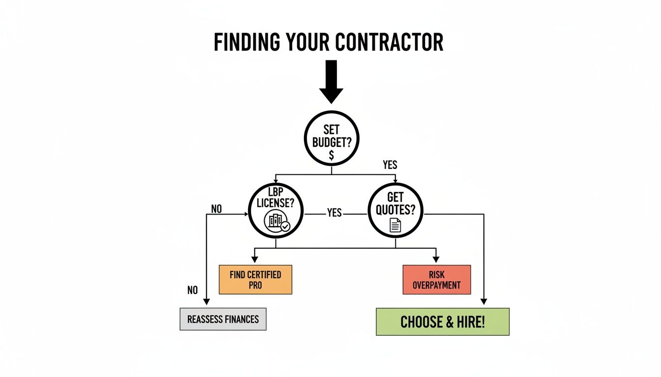 Flowchart illustrating the step-by-step process of finding and hiring a contractor, including budget, licensing, and quotes.