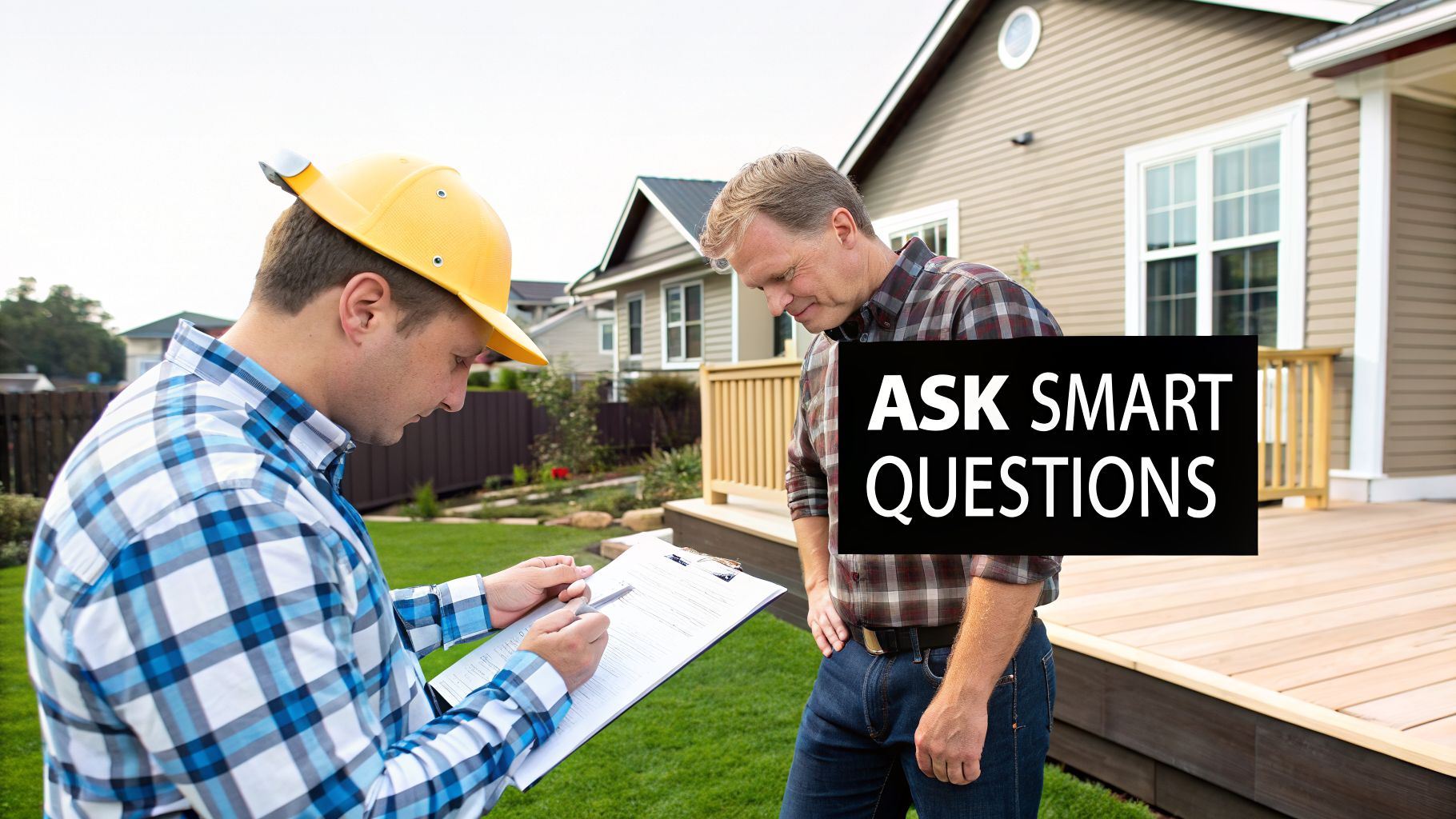 A contractor in a hard hat inspects a new wooden deck with a homeowner, writing on a clipboard.