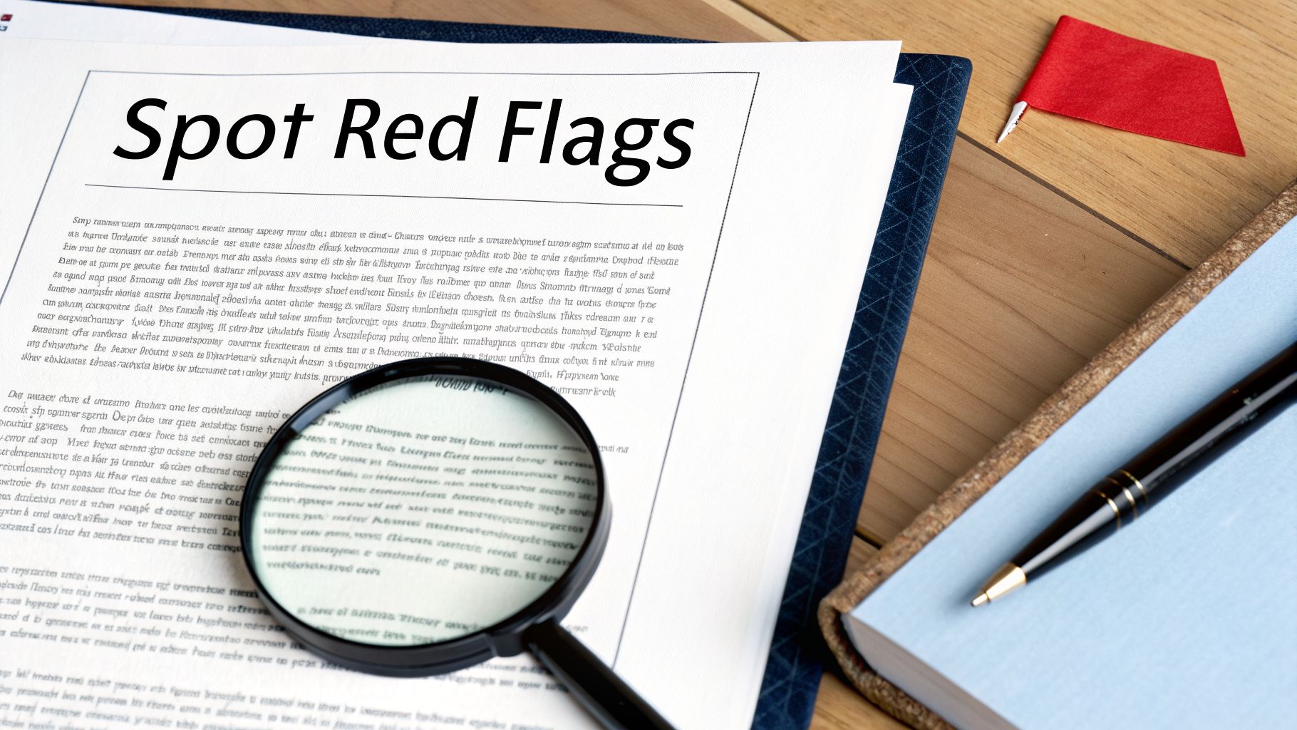 A document titled "Spot Red Flags" with a magnifying glass, a small red flag, and a notebook with a pen.