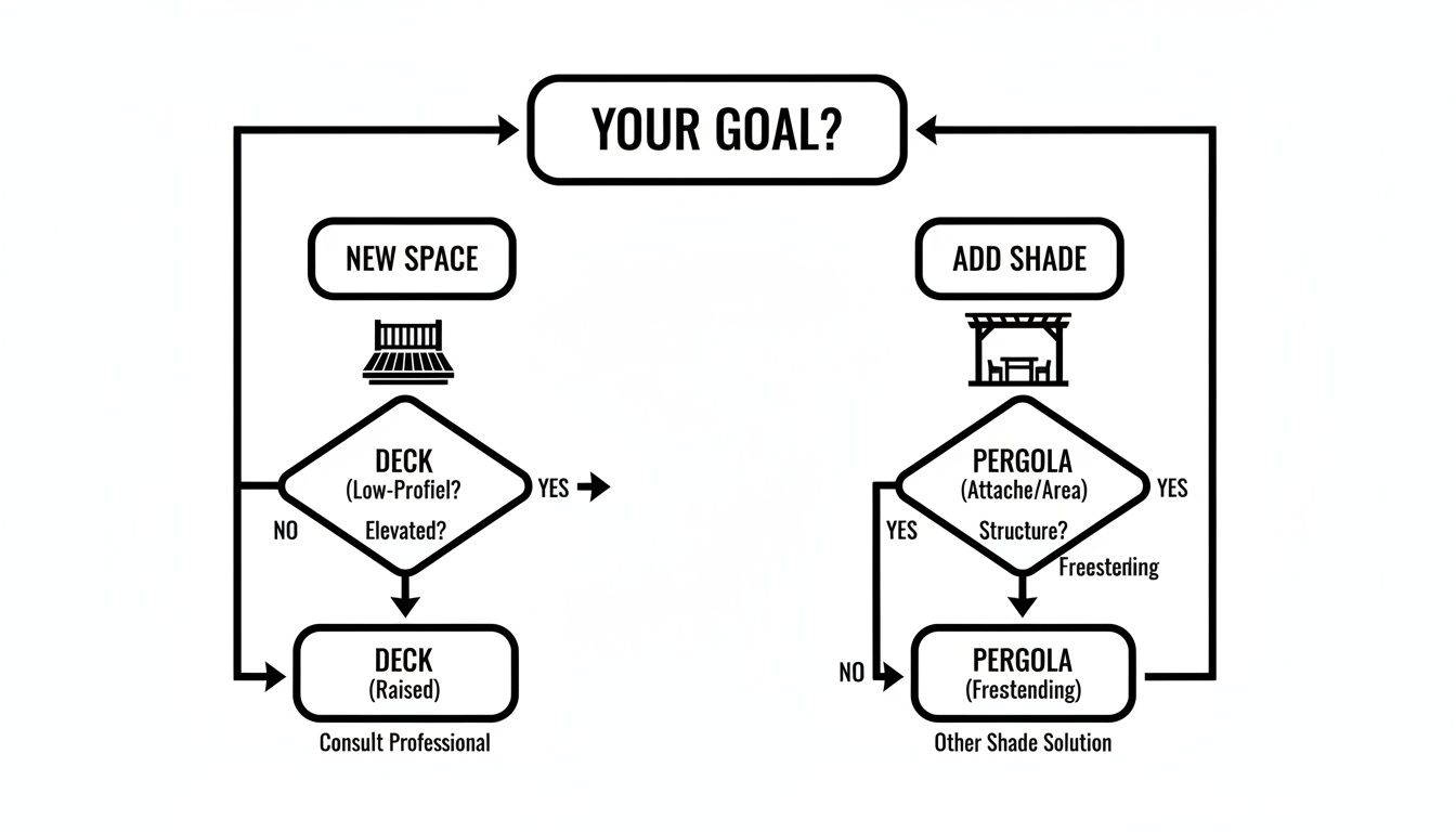 Flowchart guiding users on choosing between decks or pergolas for new spaces or shade solutions.