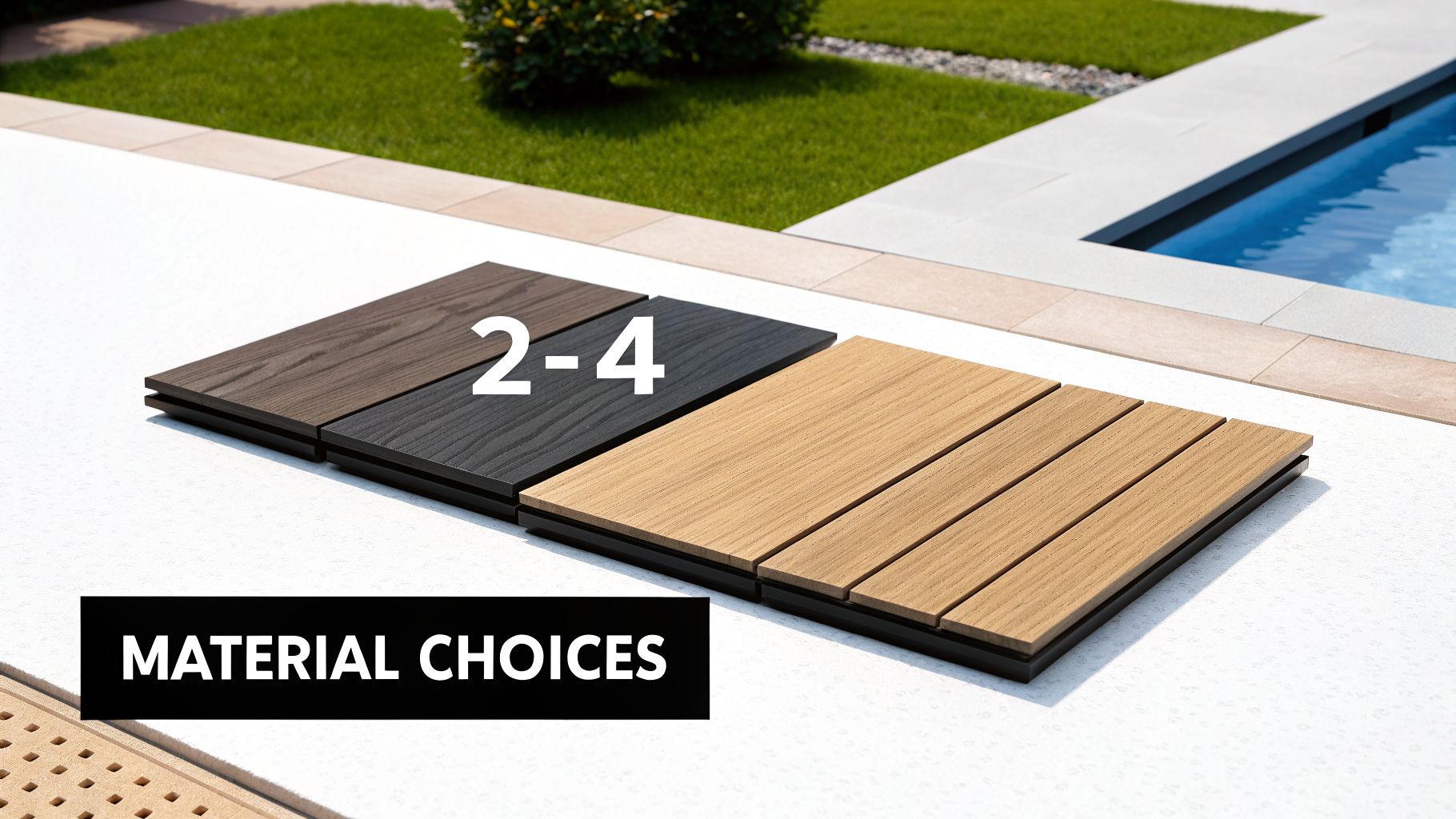 Four samples of outdoor decking materials in different wood tones, displayed next to a pool and green grass.