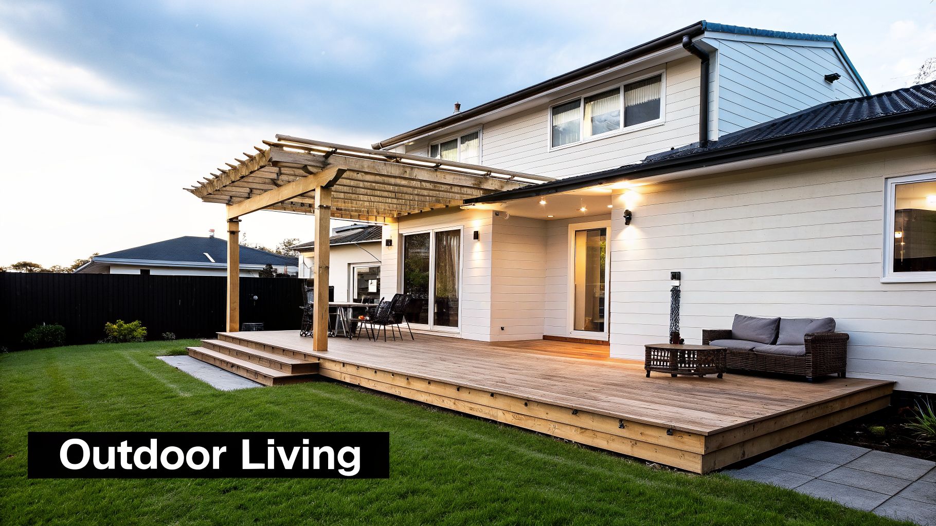 Modern house with a spacious wooden deck, pergola, outdoor dining, and lounging areas, surrounded by green lawn.
